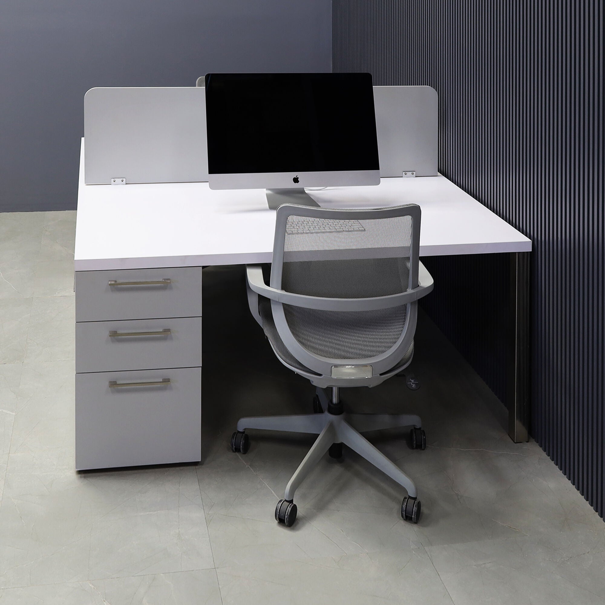 60-inch Dallas Custom Workstation with storage in white matte laminate top & storages, fog gray laminate partition & front drawers, and brushed stainless legs.