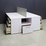 60-inch Dallas Custom Workstation with storage in white matte laminate top & storages, fog gray laminate partition & front drawers, and brushed stainless legs.