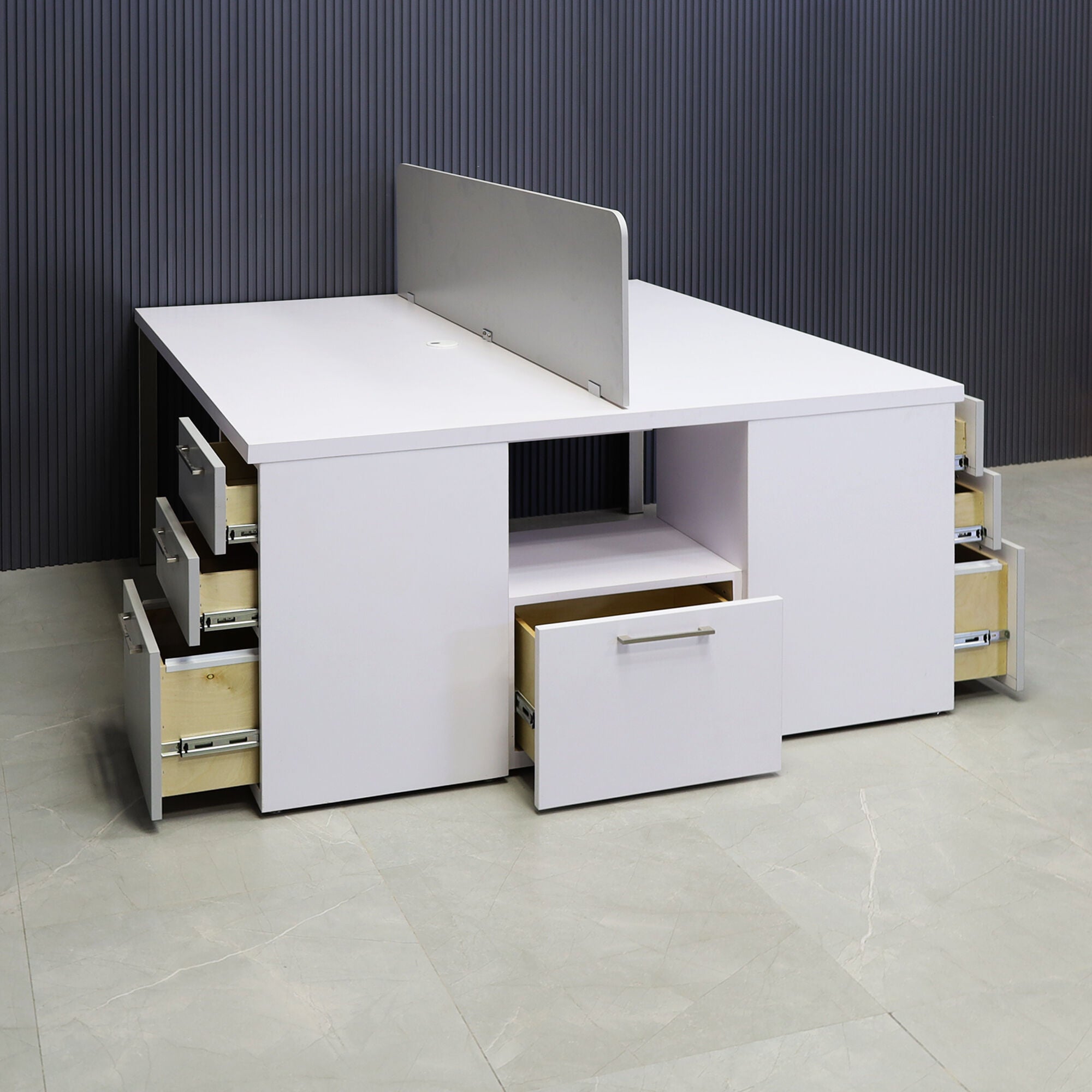 60-inch Dallas Custom Workstation with storage in white matte laminate top & storages, fog gray laminate partition & front drawers, and brushed stainless legs.
