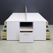 60-inch Dallas Custom Workstation with storage in white matte laminate top & storages, fog gray laminate partition & front drawers, and brushed stainless legs.