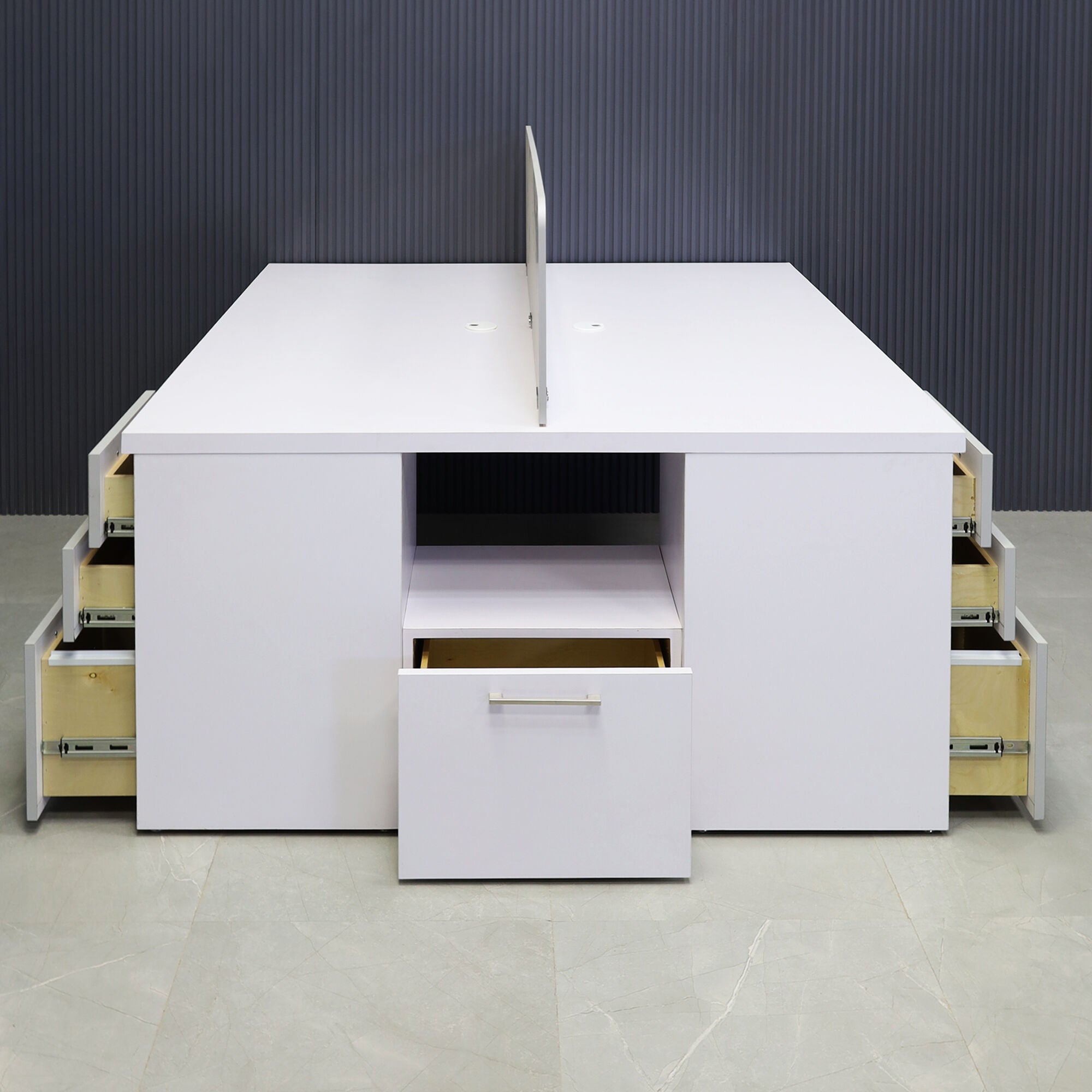 60-inch Dallas Custom Workstation with storage in white matte laminate top & storages, fog gray laminate partition & front drawers, and brushed stainless legs.