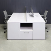 60X60-inches Dallas Workstation With Storage in white matte laminate top & storages, fog gray laminate partition & front drawers, with brushed stainless legs.
