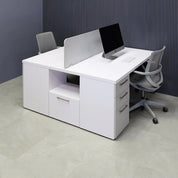 60X60-inches Dallas Workstation With Storage in white matte laminate top & storages, fog gray laminate partition & front drawers, with brushed stainless legs.