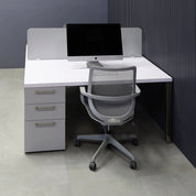 60X60-inches Dallas Workstation With Storage in white matte laminate top & storages, fog gray laminate partition & front drawers, with brushed stainless legs.