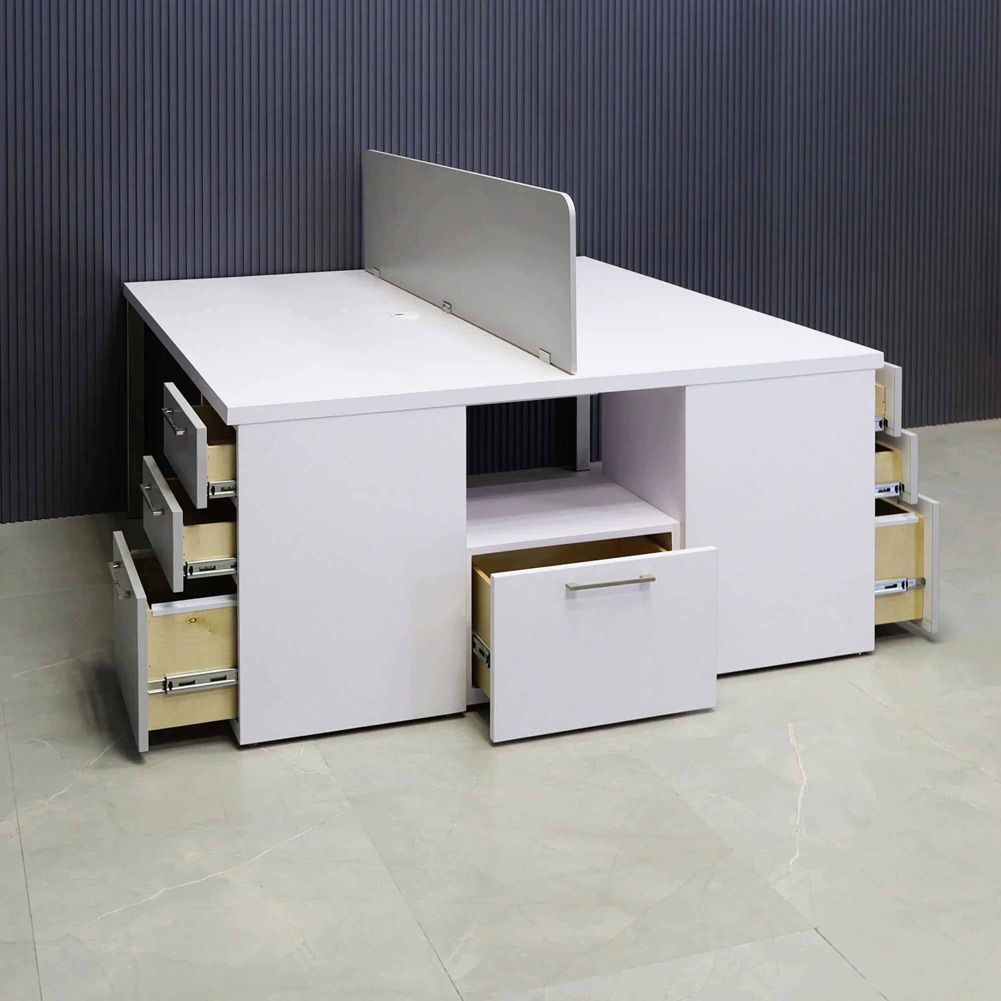 60X60-inches Dallas Workstation With Storage in white matte laminate top & storages, fog gray laminate partition & front drawers, with brushed stainless legs.