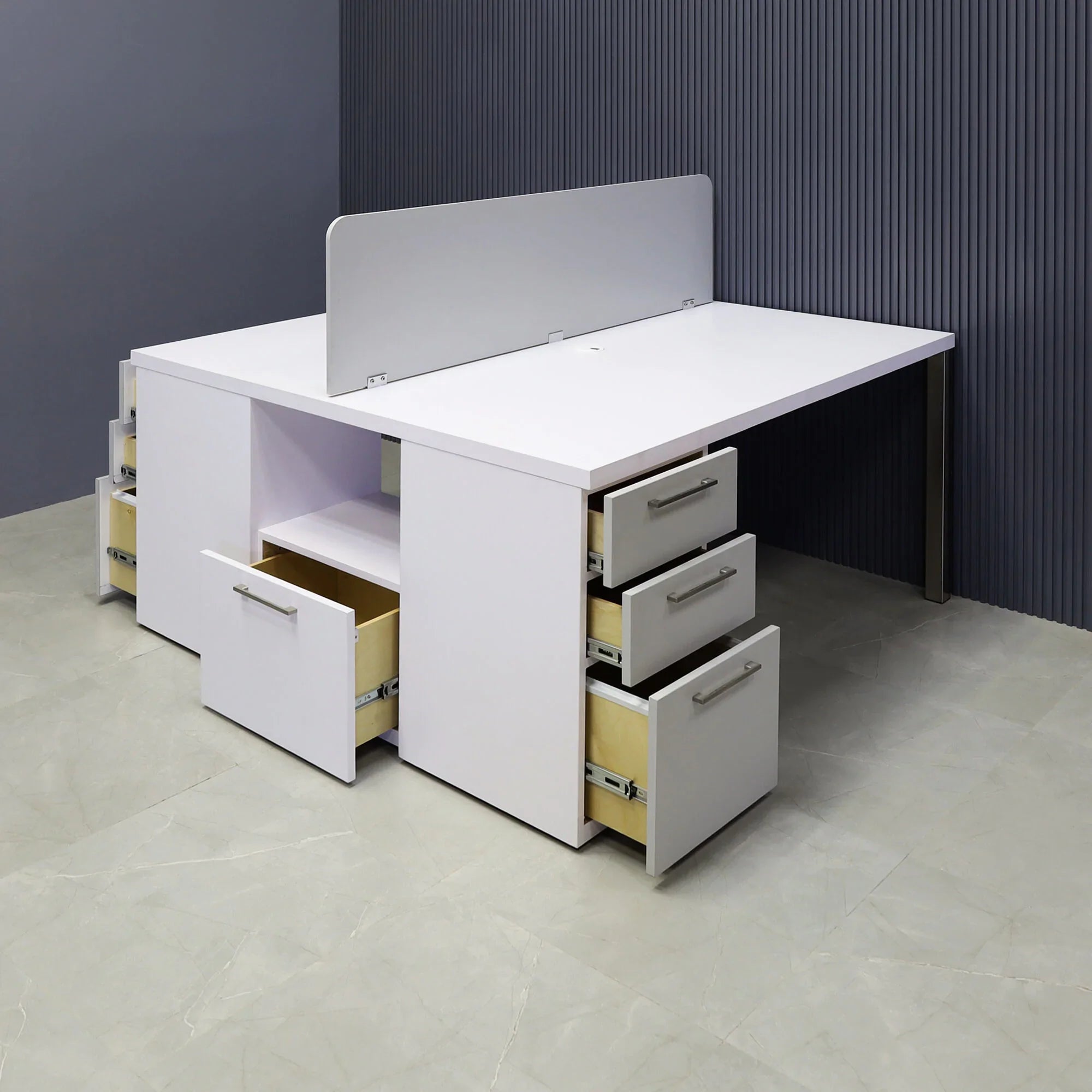 60X60-inches Dallas Workstation With Storage in white matte laminate top & storages, fog gray laminate partition & front drawers, with brushed stainless legs.
