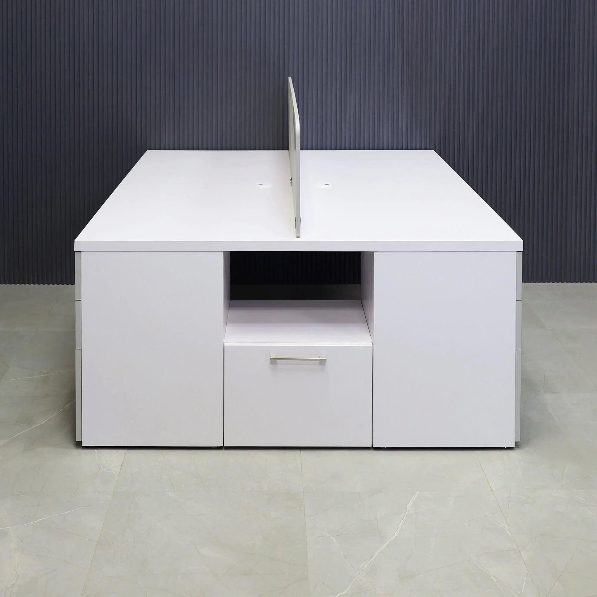 60X60-inches Dallas Workstation With Storage in white matte laminate top & storages, fog gray laminate partition & front drawers, with brushed stainless legs.