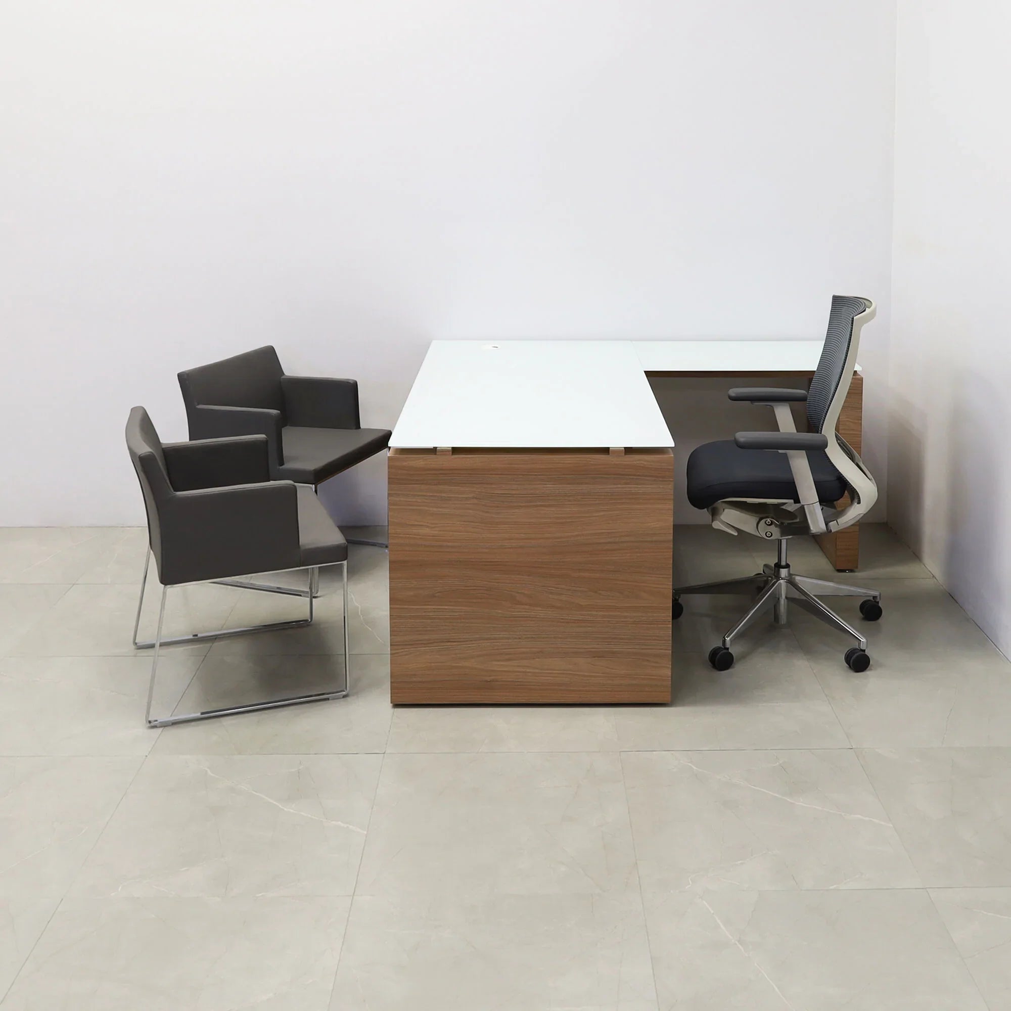 60-inch Denver L-Shape Executive Desk with return & cabinet on the right side when sitting, in 1/2" white tempered glass top, uptown walnut matte laminate base, cabinet & privacy panel, shown here.