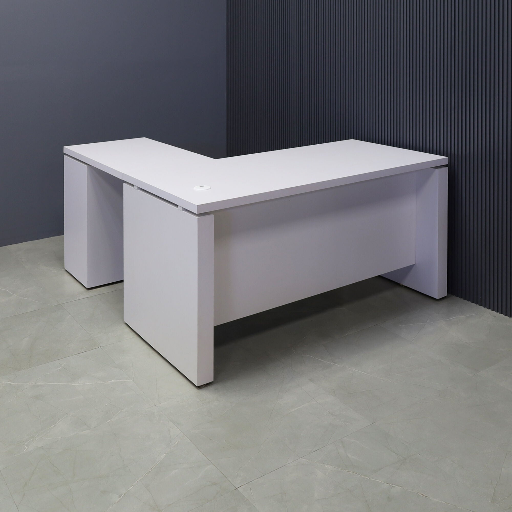 72-inch Denver L-Shape Executive Desk with cabinet & return on the right side when sitting, in white matte laminate top, base, cabinet & privacy panel, shown here.