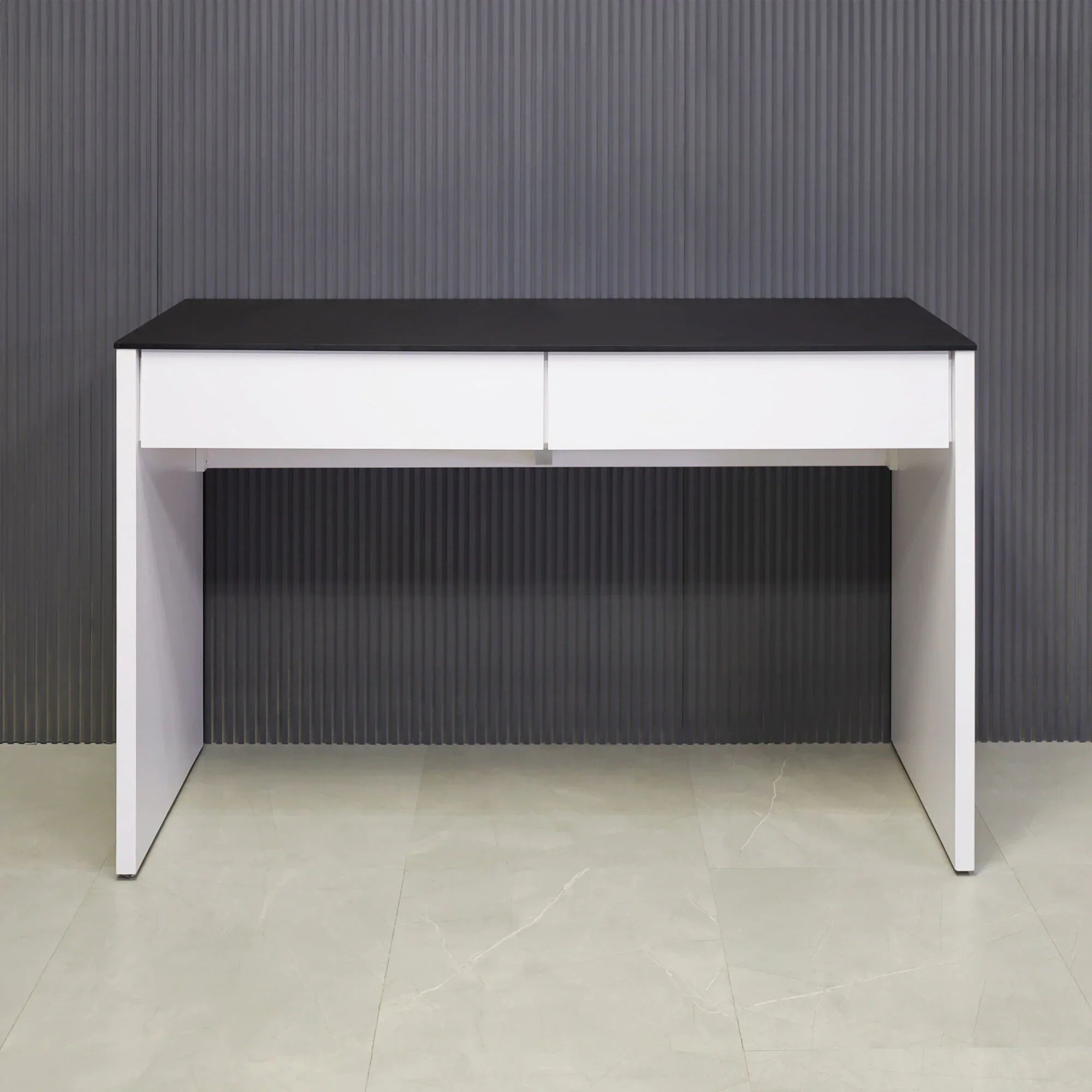 2" Black traceless engineered surface top and white matte laminate base with two drawers, shown here.