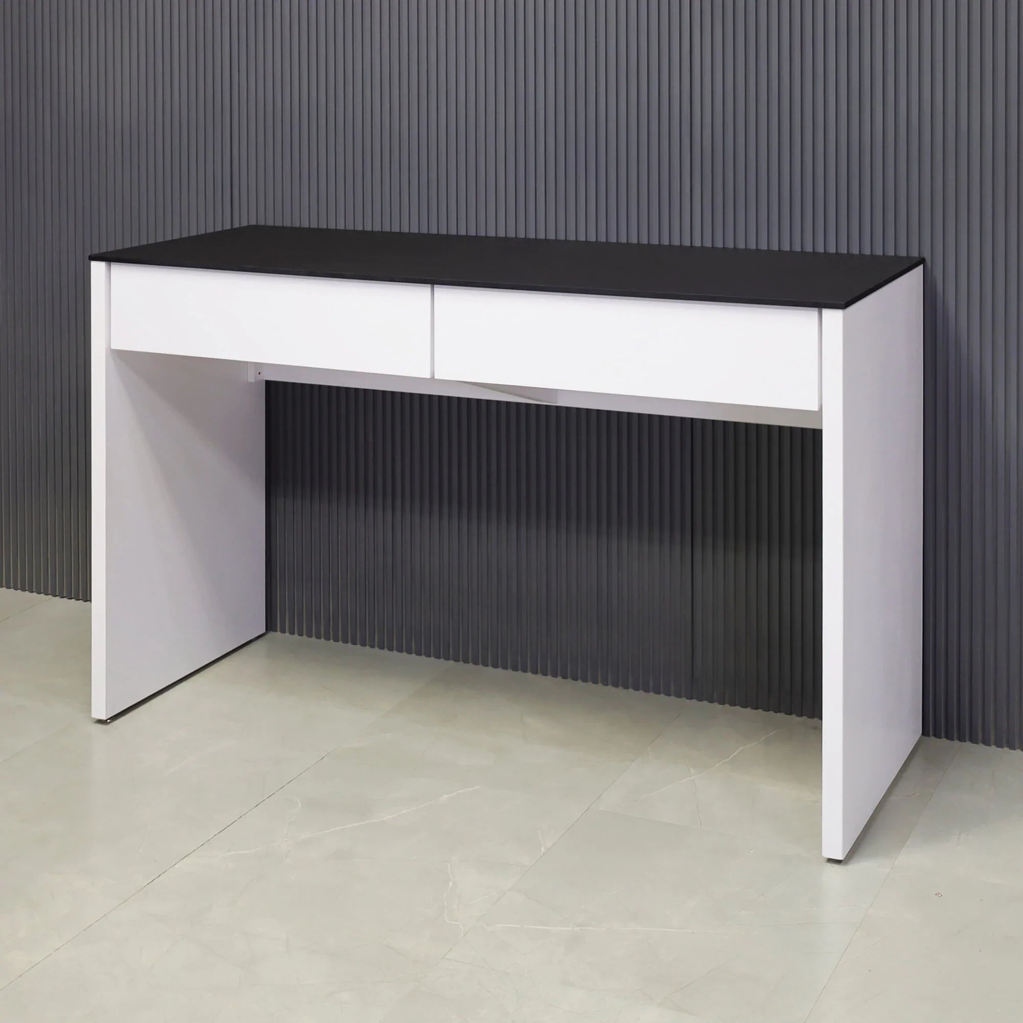 2" Black traceless engineered surface top and white matte laminate base with two drawers, shown here.