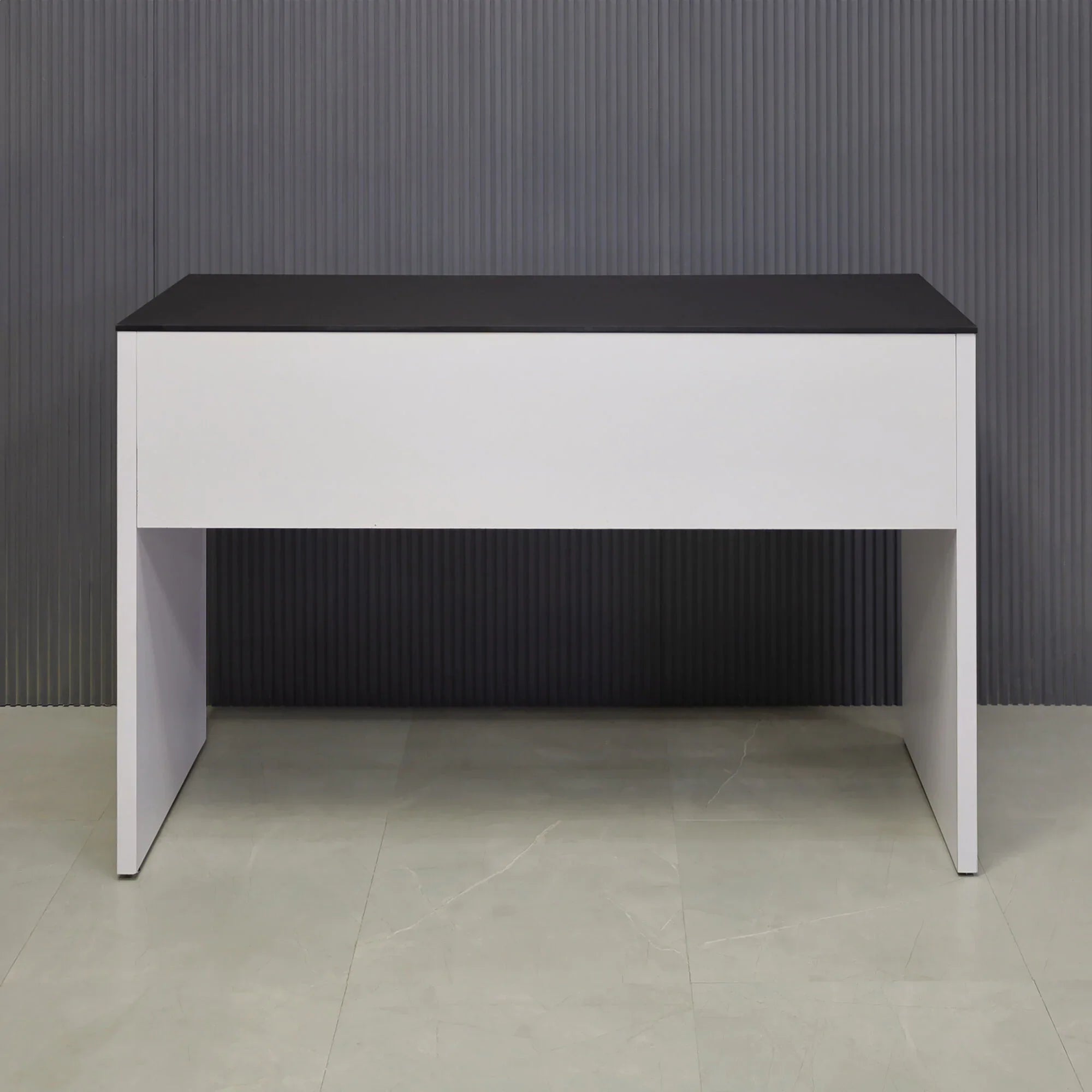 66-inch Ashville Bar Table in 1/2" Black traceless engineered surface top and white matte laminate base with two drawers, shown here.
