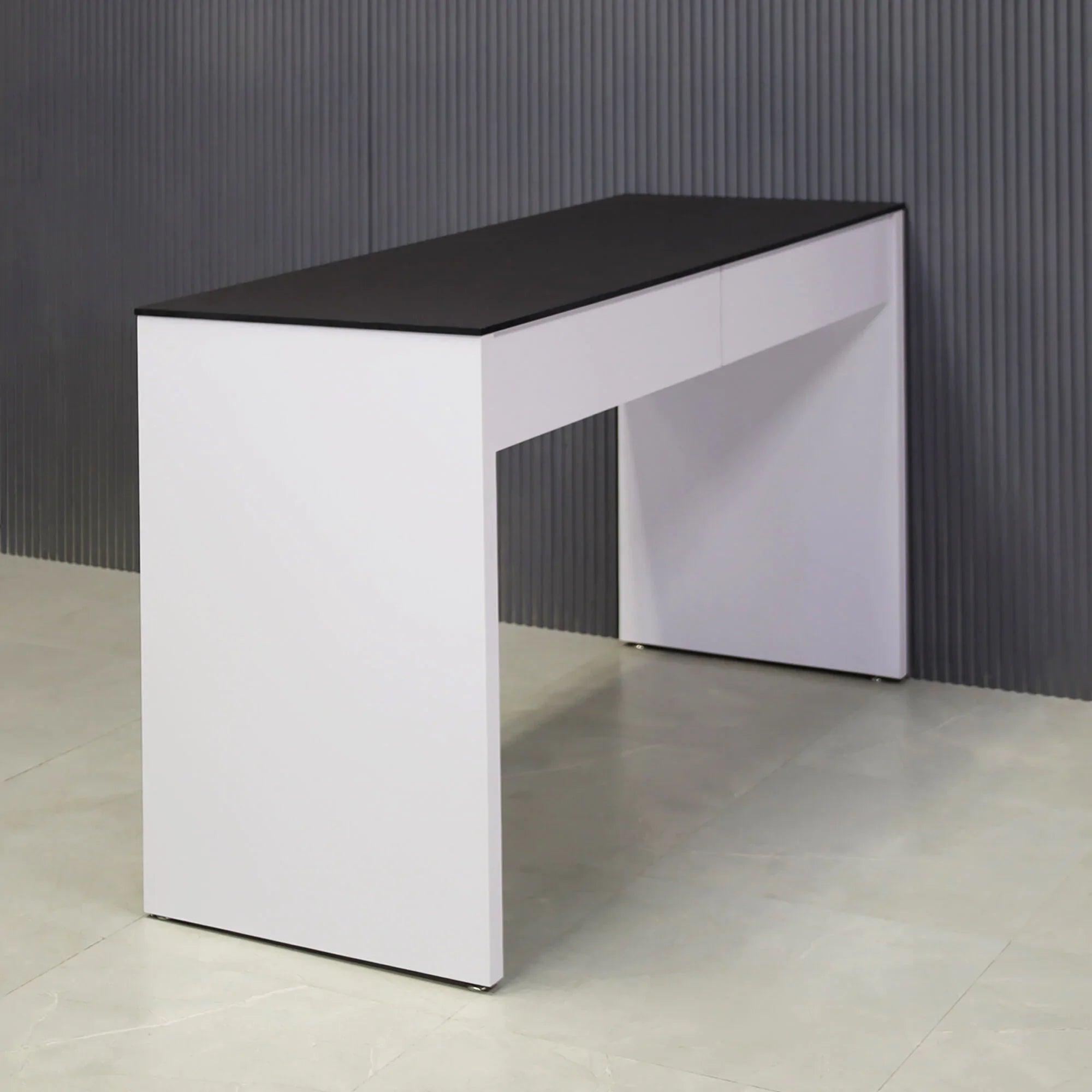66-inch Ashville Bar Table in 1/2" Black traceless engineered surface top and white matte laminate base with two drawers, shown here.