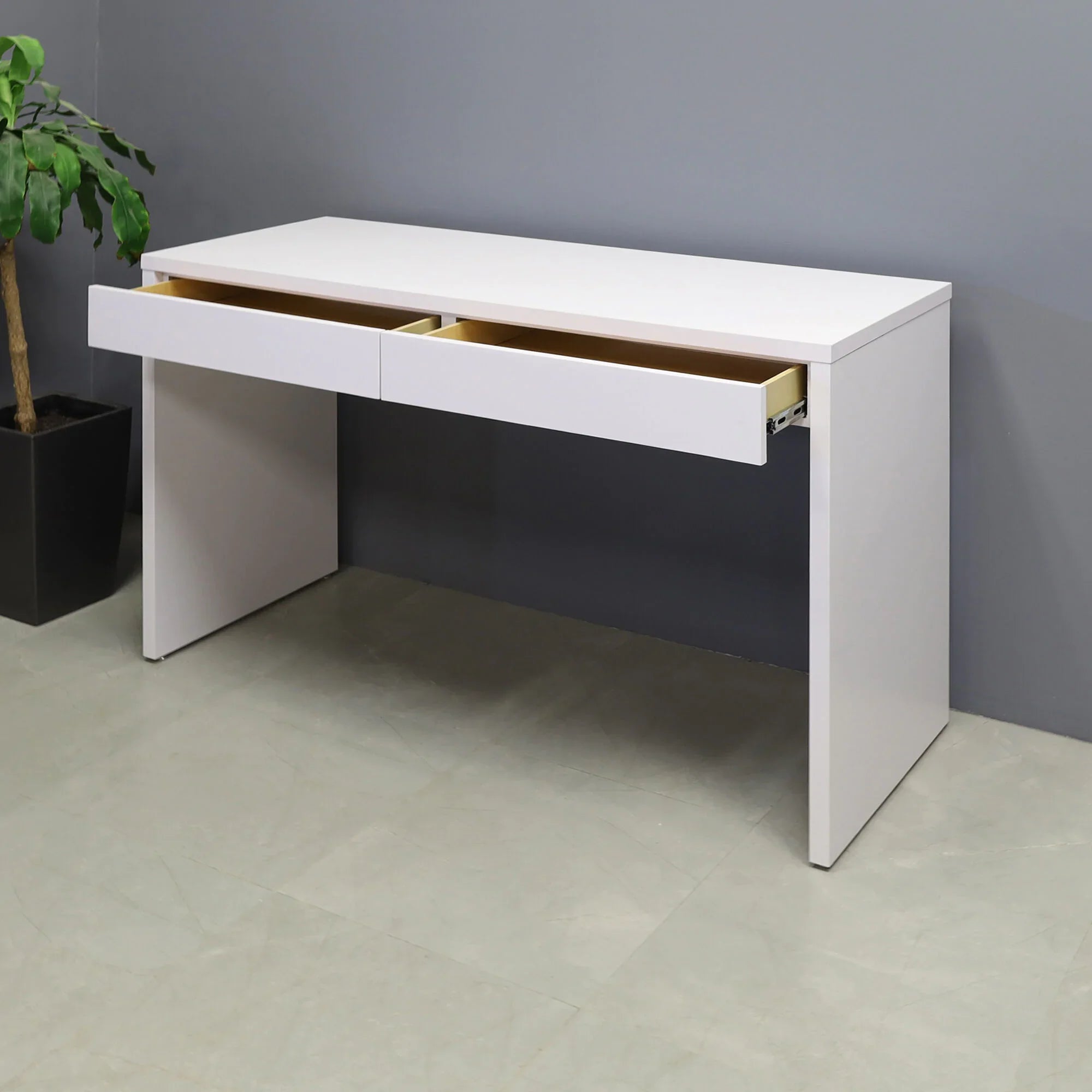 65-inch Ashville Bar Table with Storage in white matte laminate finish.