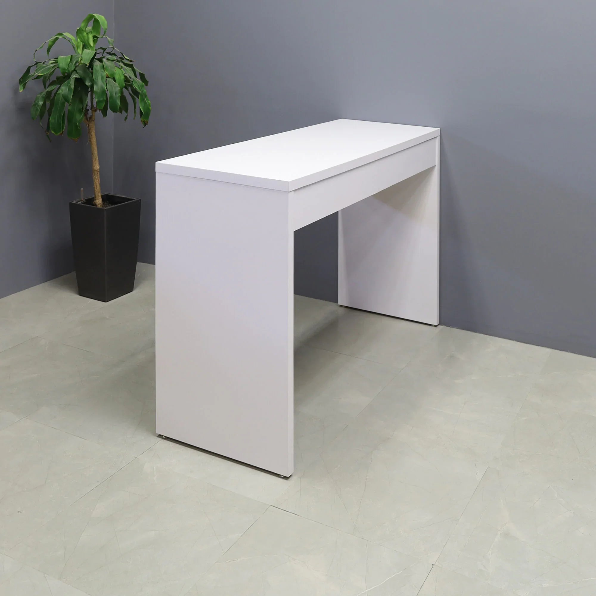 65-inch Ashville Bar Table with Storage in white matte laminate finish.