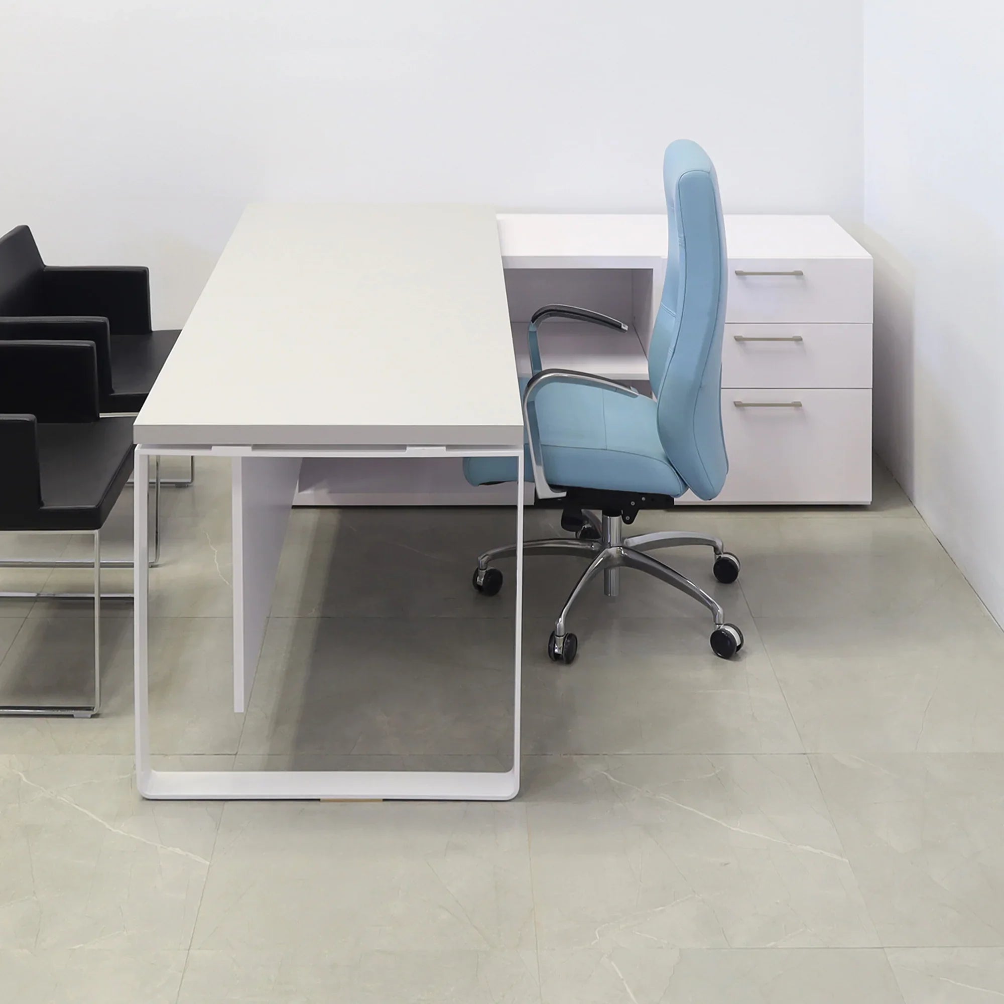 Aspen Executive Desk With Credenza and Laminate Top in fog gray matte lamina top, white matte laminate privacy panel and credenza, and white metal leg shown here.