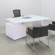 72-inch Avenue Curved Executive Desk in 1/2" white tempered glass top and white gloss laminate base & cabinet on the right side when sitting, shown here.