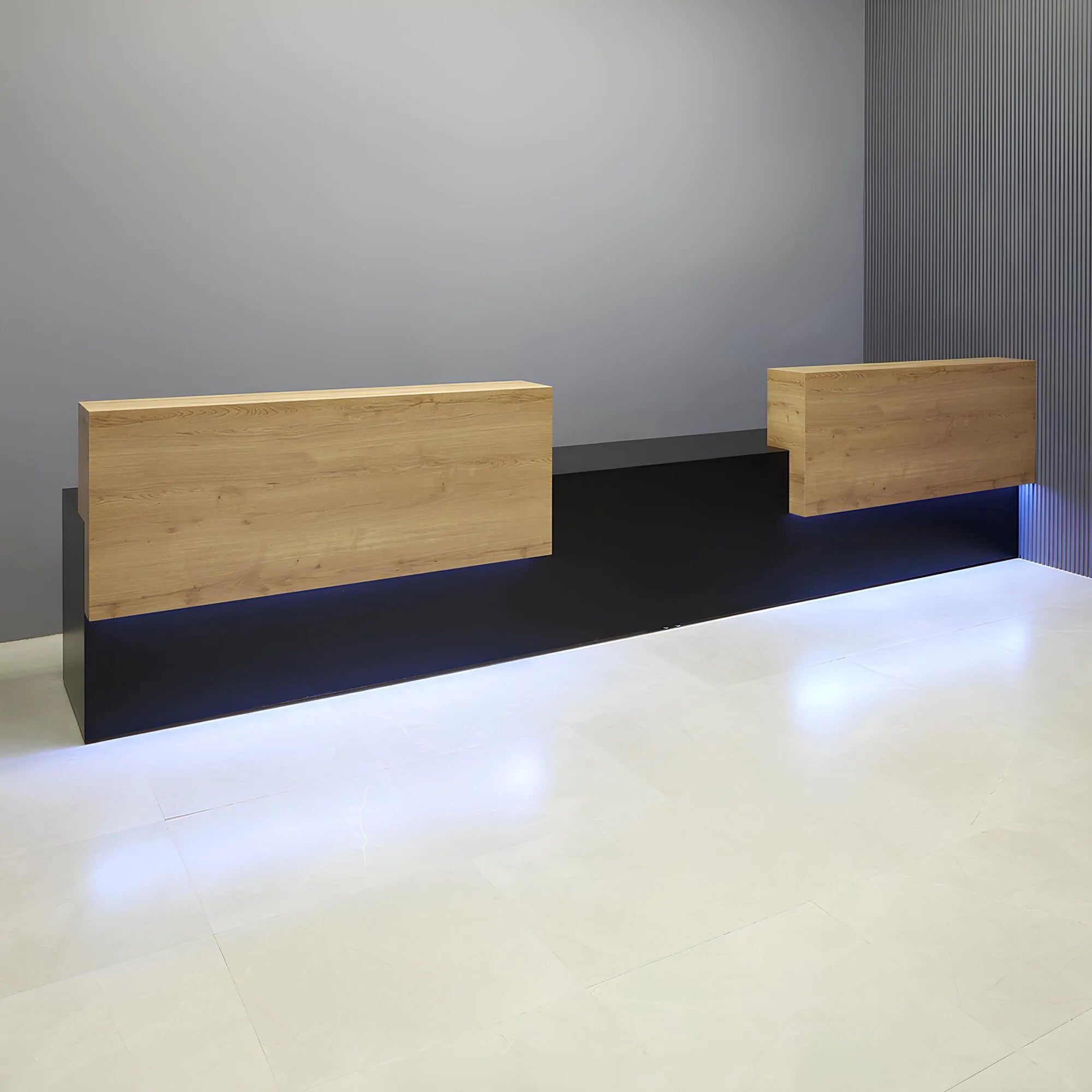 168-inch Los Angeles Double Counter Custom Reception Desk in planked urban oak matte laminate counters, black matte laminate desks, and color changing LED.