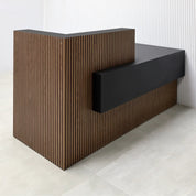 72-inch Atlanta Custom Reception Desk with American Walnut & Black tambour counter & base. Black Traceless laminate workspace & accent panel.
