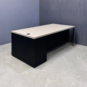 72-inch Dallas Straight Executive Desk W/ Cabinet in beige pvc top, black traceless laminate storage & privacy panel, with brushed aluminum legs.