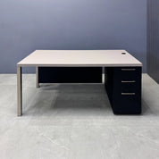 72-inch Dallas Straight Executive Desk W/ Cabinet in beige pvc top, black traceless laminate storage & privacy panel, with brushed aluminum legs.