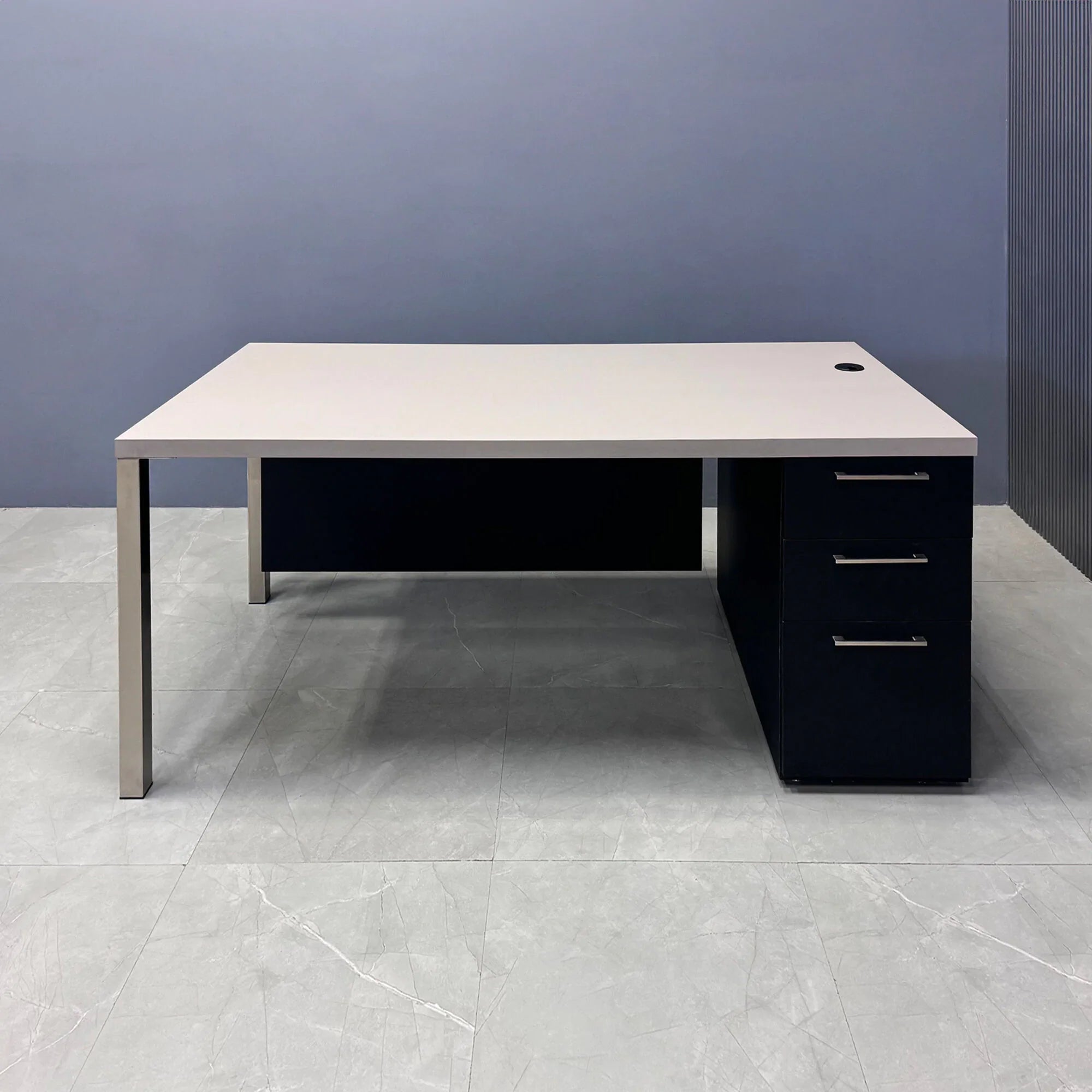 72-inch Dallas Straight Executive Desk W/ Cabinet in beige pvc top, black traceless laminate storage & privacy panel, with brushed aluminum legs.