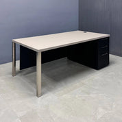 72-inch Dallas Straight Executive Desk W/ Cabinet in beige pvc top, black traceless laminate storage & privacy panel, with brushed aluminum legs.