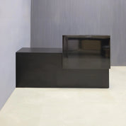 72-inch Los Angeles Custom Reception Desk with the counter on the right side when facing front in black gloss laminate counter, and black matte laminate desk, shown here.