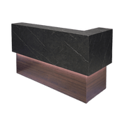 72-inch San Francisco L-Shape Reception Desk, right l-panel side when facing front in black sone pvc counter and colombian walnut matte laminate desk, with white LED, shown here.
