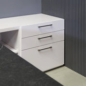 72-inch Avenue Curved Executive Desk w/ Credenza in black stone PVC top and white gloss laminate base, credenza and privacy panel, shown here
