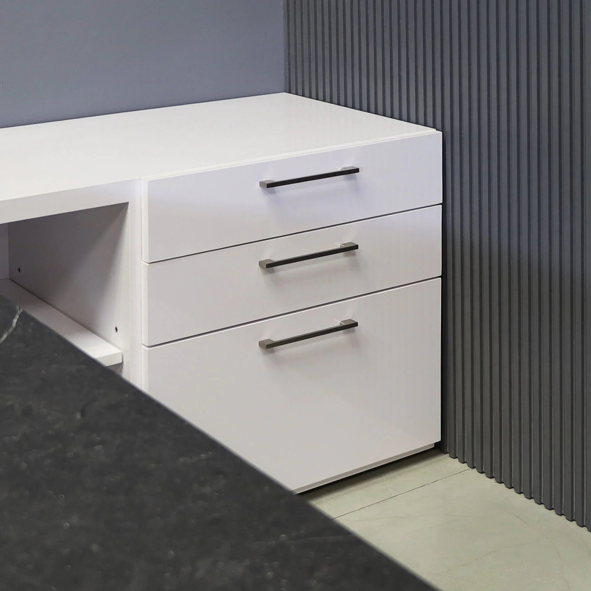 72-inch Avenue Curved Executive Desk w/ Credenza in black stone PVC top and white gloss laminate base, credenza and privacy panel, shown here