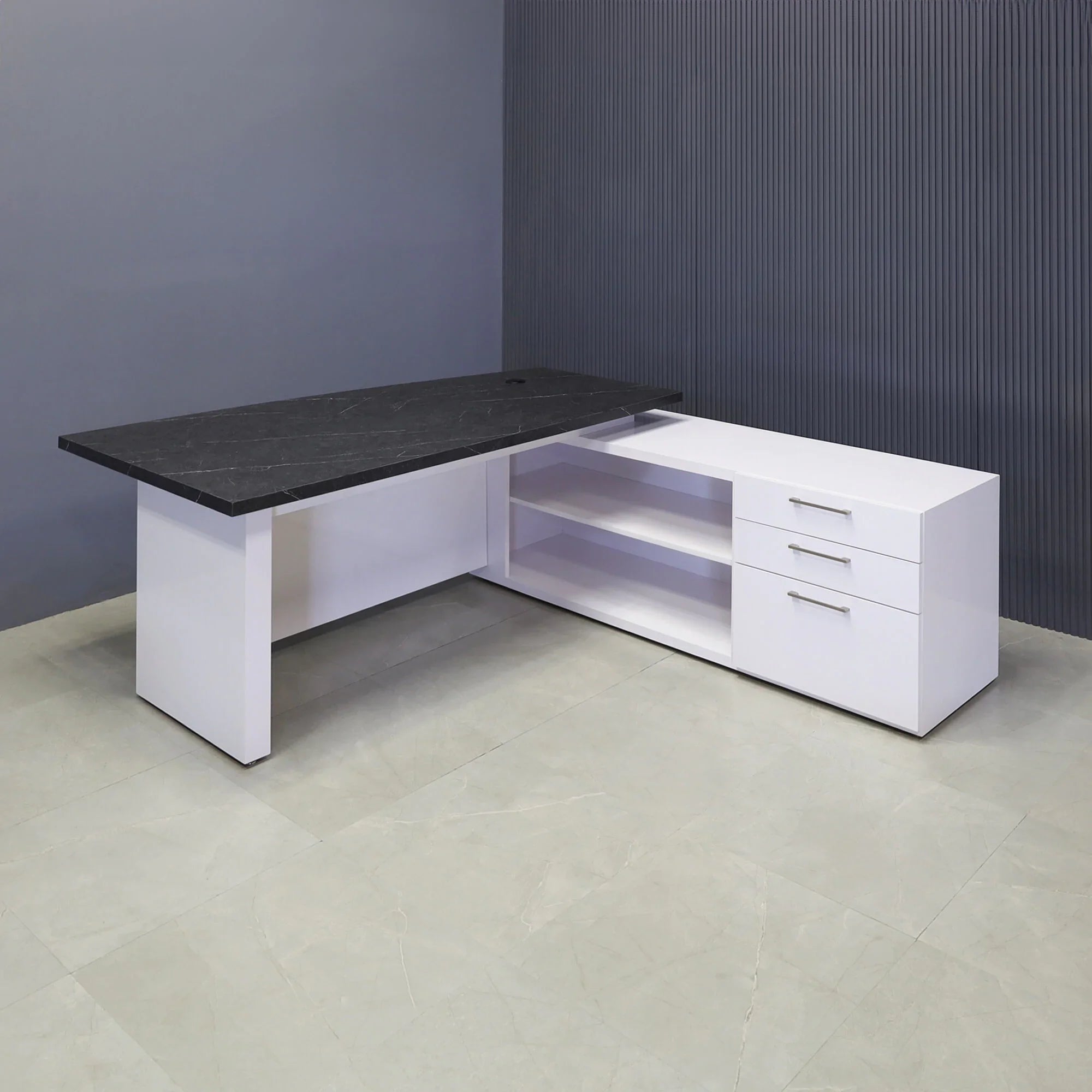 72-inch Avenue Curved Executive Desk w/ Credenza in black stone PVC top and white gloss laminate base, credenza and privacy panel, shown here.