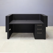 72-inch Nola Curved Custom Reception Desk in black traceless laminate counter, maple tambour bottom. Built-in storage on the right side when sitting.