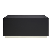 72-inch Houston Retail Custom Reception Desk in black traceless laminate main desk and brushed aluminum toe-kick.
