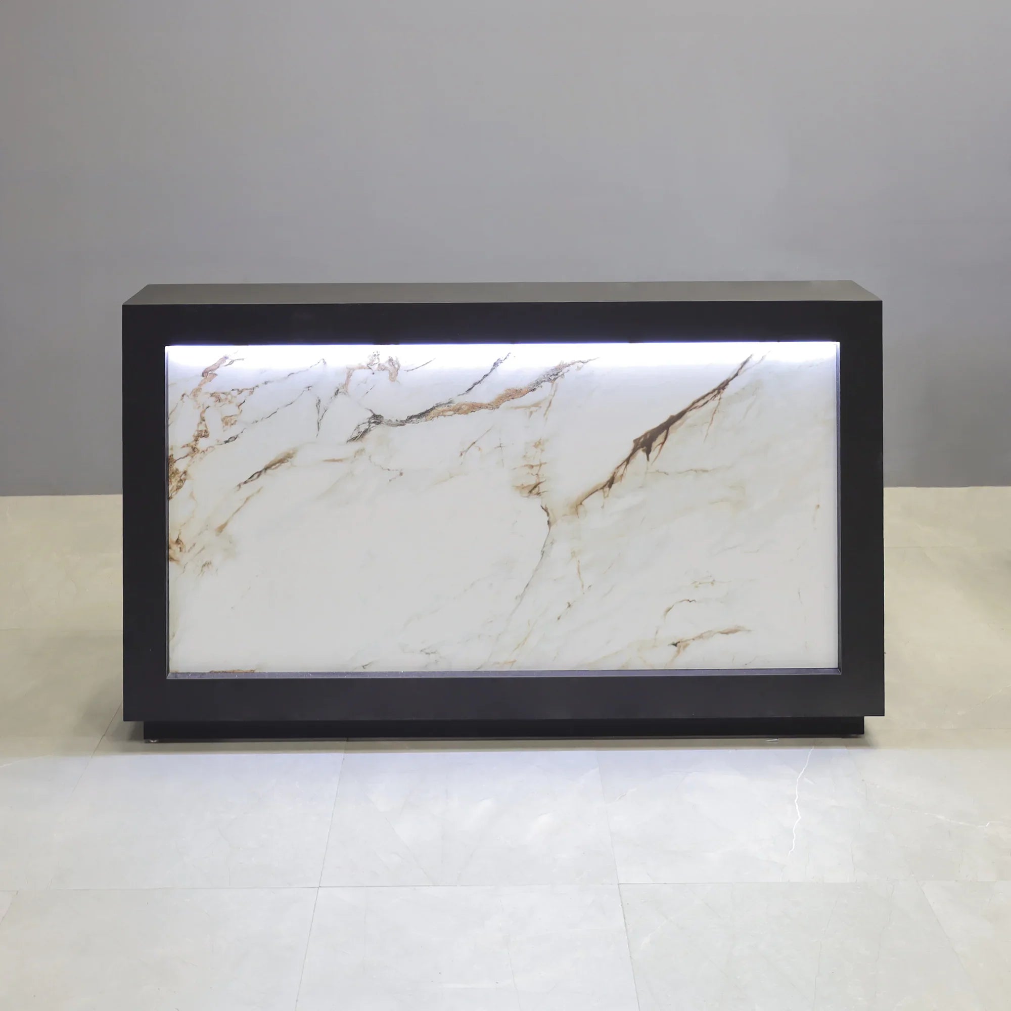 72-inch Vegas Designer Custom Reception Desk with Black Traceless laminate main desk. (Special Color Swatch) Porcelain Tail front panel and white LED.