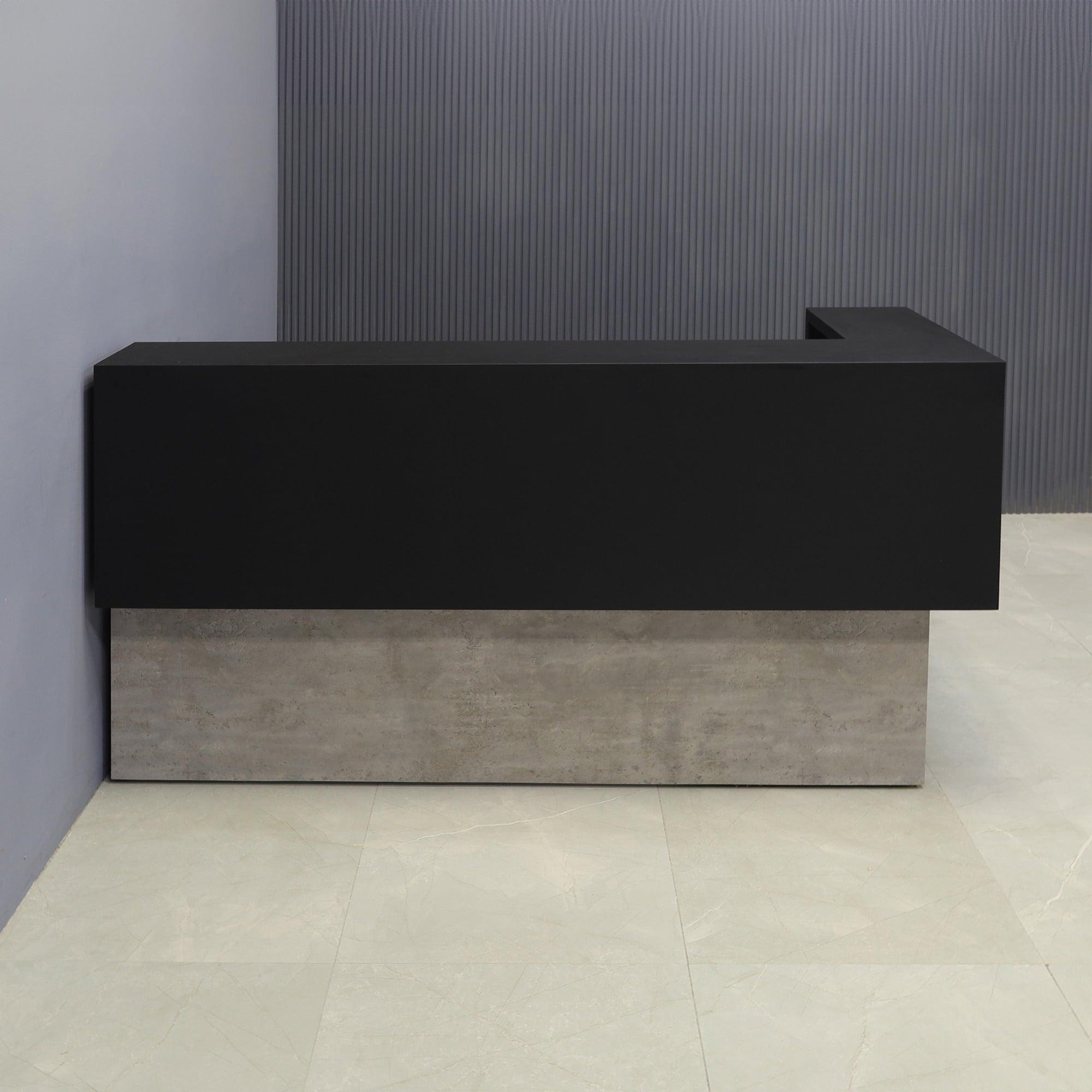 72-inch San Francisco L-Shape Reception Desk, right l-panel side when facing front in black traceless laminate counter and industrial concrete laminate desk, shown here.