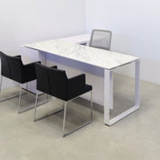 72-inch Aspen Executive Desk With Credenza and 1/2" calcutta blanc engineered surface top, white matte laminate credenza, with two pull-out drawers, one file cabinet and one shelf & privacy panel, and white metal legs, shown here.