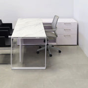 72-inch Aspen Executive Desk With Credenza and 1/2" calcutta blanc engineered surface top, white matte laminate credenza, with two pull-out drawers, one file cabinet and one shelf & privacy panel, and white metal legs, shown here.