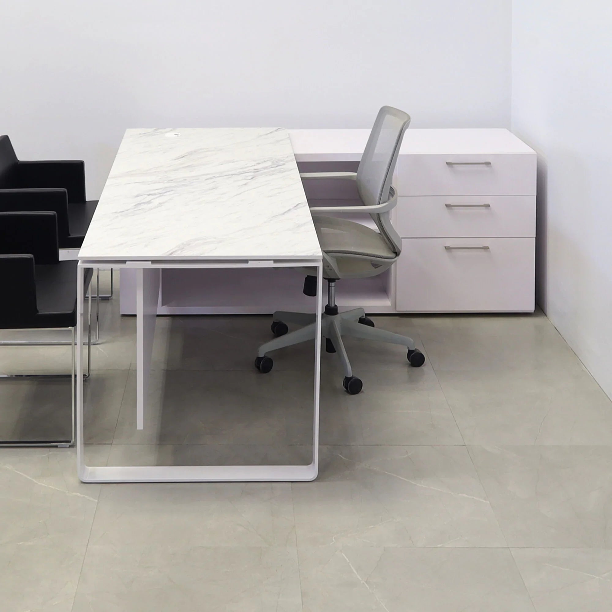 72-inch Aspen Executive Desk With Credenza and 1/2" calcutta blanc engineered surface top, white matte laminate credenza, with two pull-out drawers, one file cabinet and one shelf & privacy panel, and white metal legs, shown here.