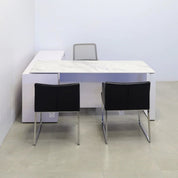72-inch Aspen Executive Desk With Credenza and 1/2" calcutta blanc engineered surface top, white matte laminate credenza, with two pull-out drawers, one file cabinet and one shelf & privacy panel, and white metal legs, shown here.