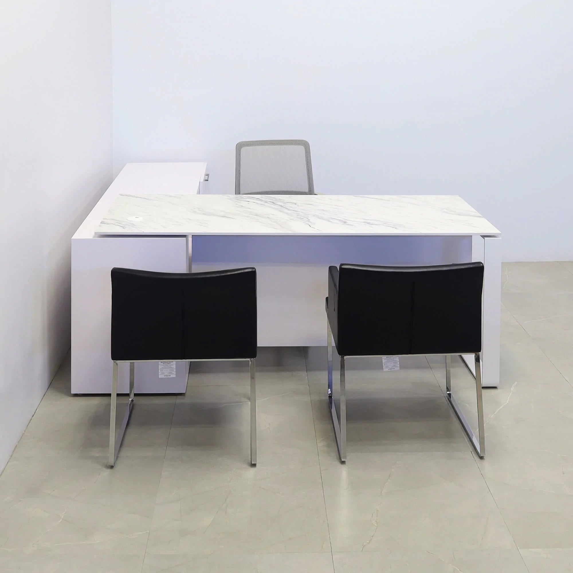 72-inch Aspen Executive Desk With Credenza and 1/2" calcutta blanc engineered surface top, white matte laminate credenza, with two pull-out drawers, one file cabinet and one shelf & privacy panel, and white metal legs, shown here.