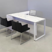 72-inch Aspen Executive Desk With Credenza and 1/2" calcutta blanc engineered surface top, white matte laminate credenza, with two pull-out drawers, one file cabinet and one shelf & privacy panel, and white metal legs, shown here.