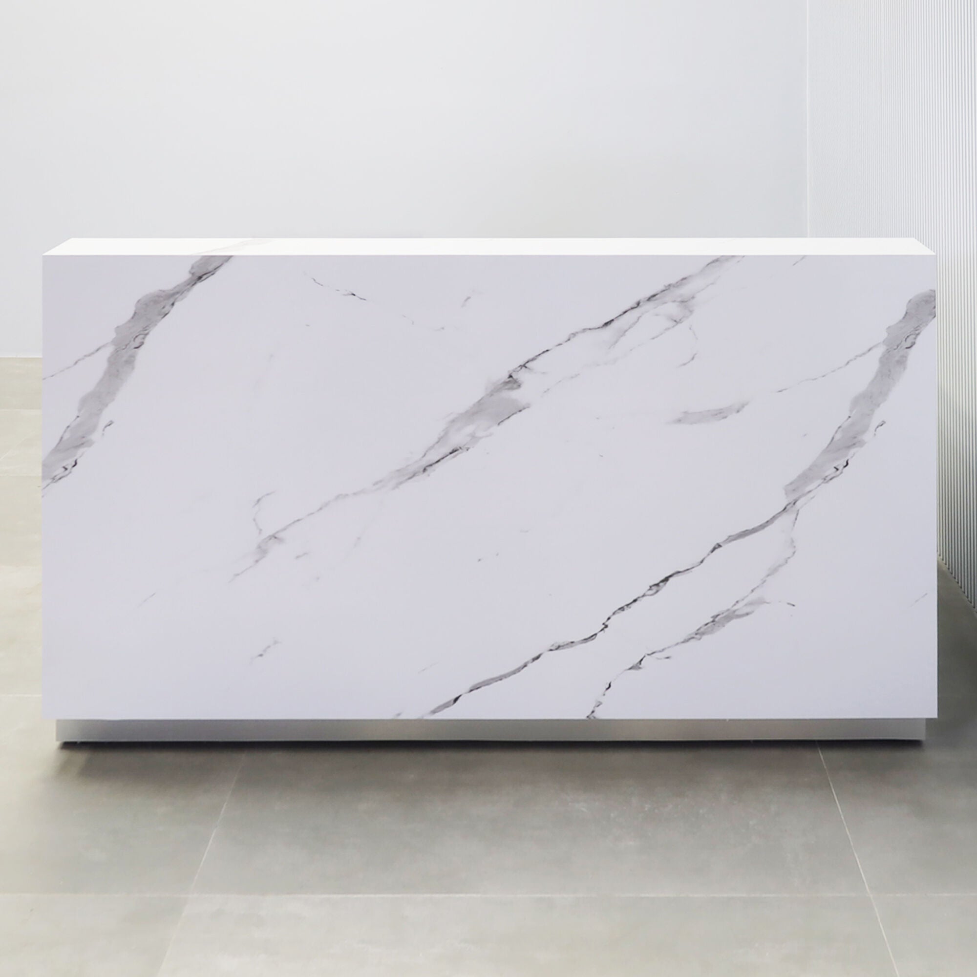 72-inch Dallas Straight Custom Reception Desk with calcutta stone PVC laminate and brushed aluminum toe-kick. 