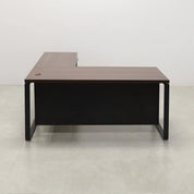 72 inches Aspen L-Shape W/ Cabinet Executive Desk In Colombian Walnut Laminate Top and storage. Black matte laminate privacy panel and black stainless metal legs shown here.