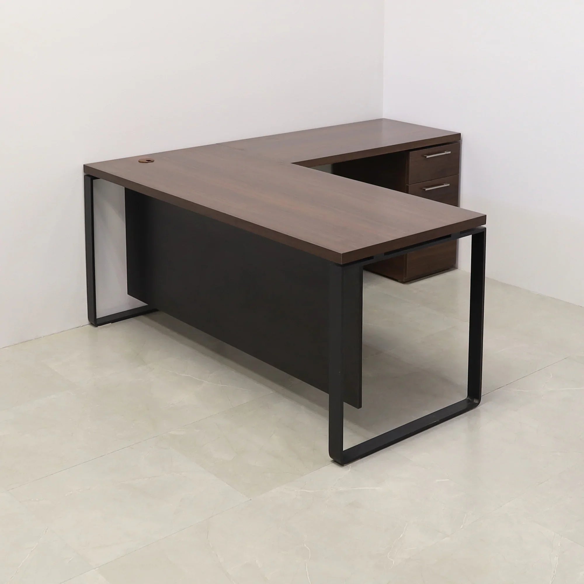 72 inches Aspen L-Shape W/ Cabinet Executive Desk In Colombian Walnut Laminate Top and storage with two pencil drawers and one file cabinet. Black matte laminate privacy panel and black stainless metal legs shown here.