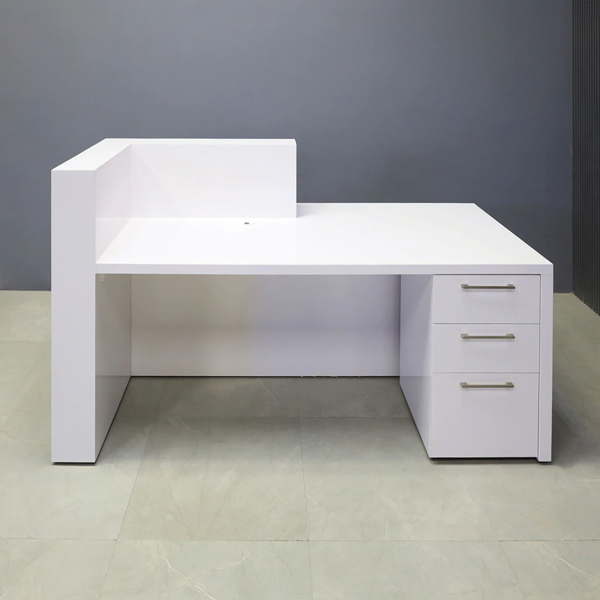 72-inch Atlanta Custom Reception Desk with the countertop & base on the right side when facing front, all covered in white gloss laminate. Built-in storage on the right side when sitting.