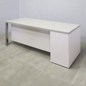 72-inch Dallas Straight Executive Desk with gray matte laminate top, white matte laminate storage & privacy panel, and brushed aluminum legs.