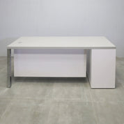 72-inch Dallas Straight Executive Desk with gray matte laminate top, white matte laminate storage & privacy panel, and brushed aluminum legs.