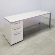 72-inch Dallas Straight Executive Desk with gray matte laminate top, white matte laminate storage & privacy panel, and brushed aluminum legs.