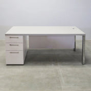 72-inch Dallas Straight Executive Desk with gray matte laminate top, white matte laminate storage & privacy panel, and brushed aluminum legs.